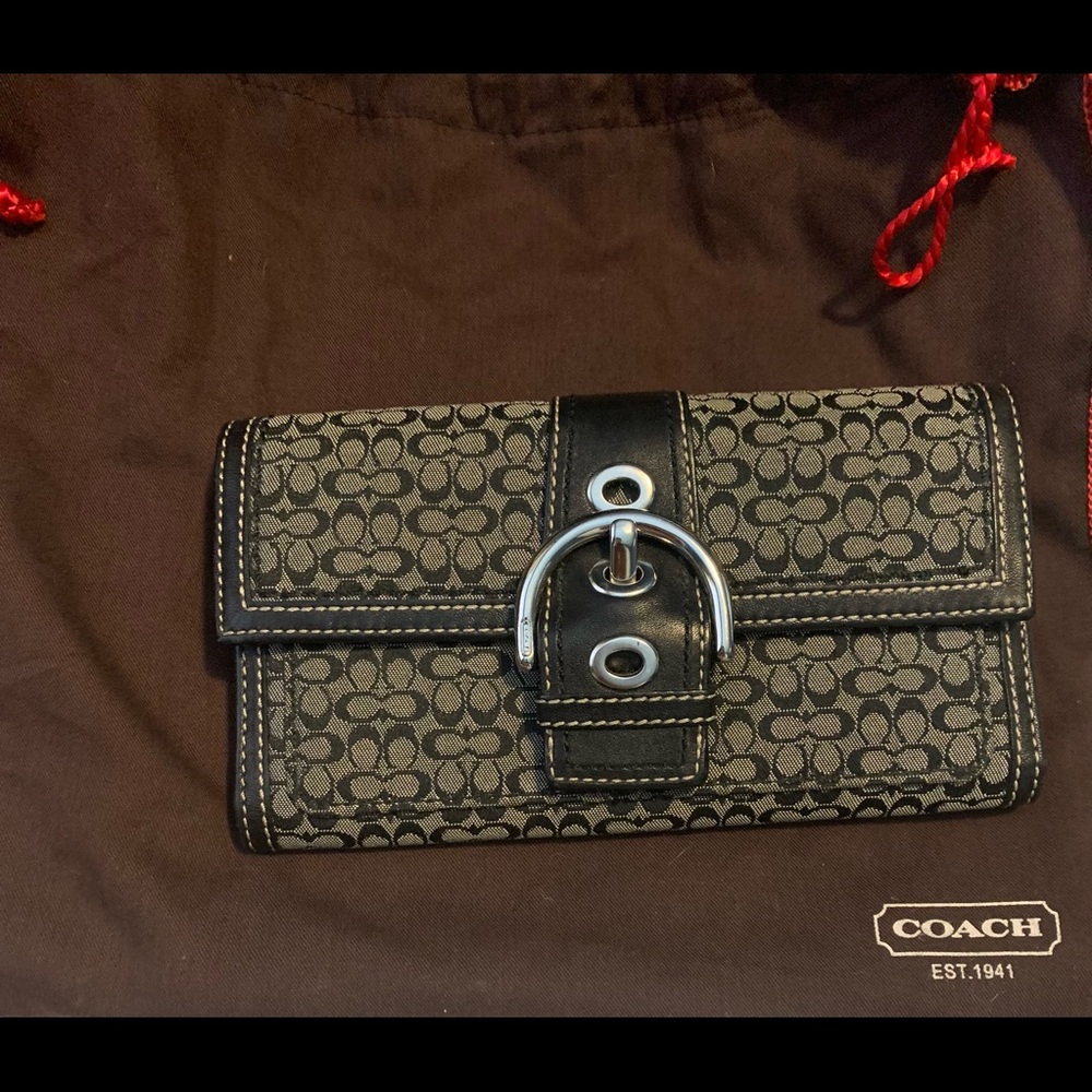 COACH Black/Gray Logo Monogram Trifold Wallet